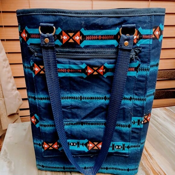 New Southwestern Tote Shopper shoulder Bag Blue Teal Carryall Sarape stripe - Picture 2 of 8